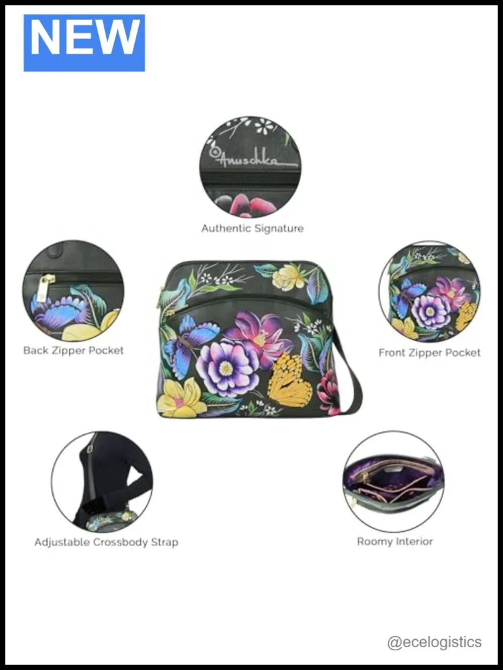 Hand-Painted Genuine Leather Medium Crossbody with Floral Butterfly Art